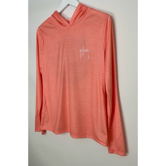 NWT Guy Harvey Long Sleeve UPF 30 Manatee Hoodie Graphic Peach/Orange Sz Small - Picture 2 of 8